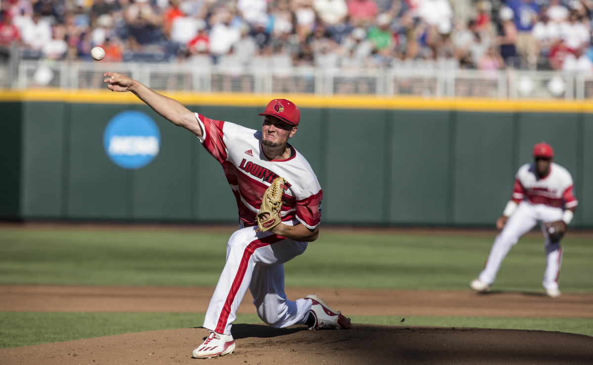 SF Giants prospect Kade McClure throwing a pitch during the College World Series during his Louisville tenure. (2017)